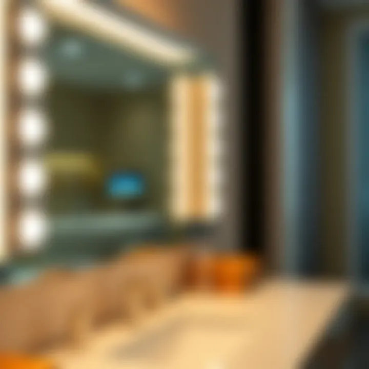 A close-up of high-tech lighting options on a vanity dresser, illustrating functionality and aesthetics