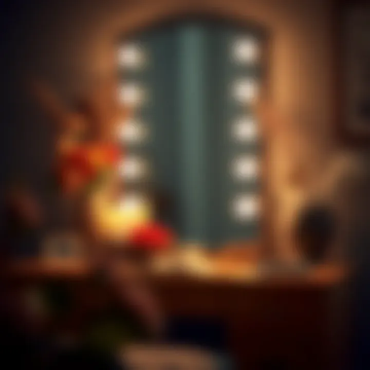 An artistically styled vanity space showcasing decorative elements and ambient lighting