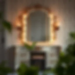 A vintage vanity dresser with ornate details and soft lighting that highlights its craftsmanship