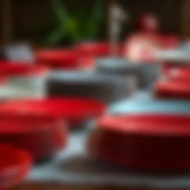 Variety of red charger plates in different materials displayed artistically