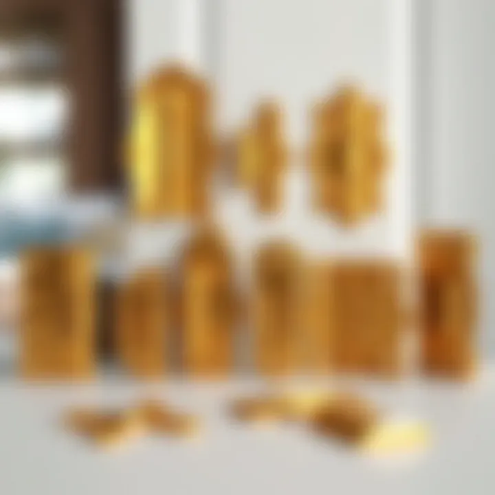 Various types of gold cabinet door hinges displayed together